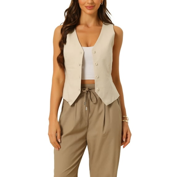 INSPIRE CHIC Women's Vest Sleeveless Button Down V Neck Crop Waistcoat XS Khaki