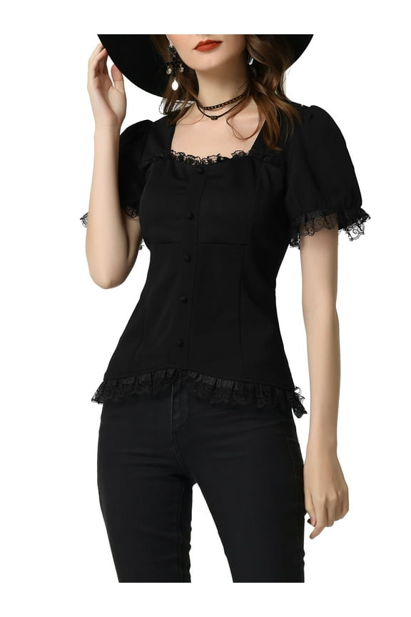 Victorian Shirt for Women's Sweetheart Neck Puff Sleeve Halloween Lace Up Gothic Blouse 3XL Black
