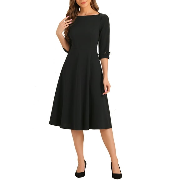 INSPIRE CHIC Vintage 3/4 Sleeve Dress for Women's Elegant Boat Neck Wear to Work Dress Trendy L Black