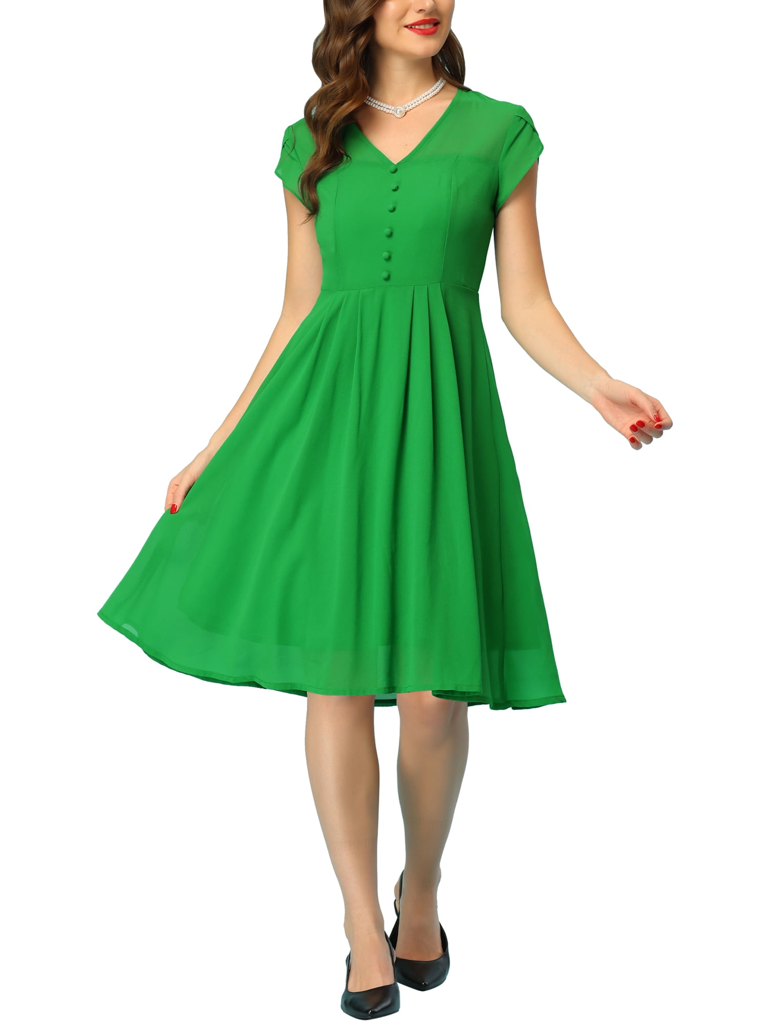 INSPIRE CHIC Vintage Chiffon Dress for Women's Button Decor Cap Sleeve  Elegant Wear-to-Work Dresses XL Green
