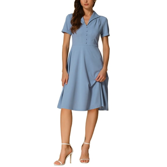 INSPIRE CHIC Vintage Dresses for Women's 2024 Flat Collar Short Sleeve Fit and Flare Dress L Blue Gray