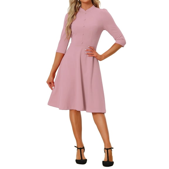 INSPIRE CHIC Women's Vintage Dress 3/4 Sleeves Stand Collar Office A-Line Dress S Pink