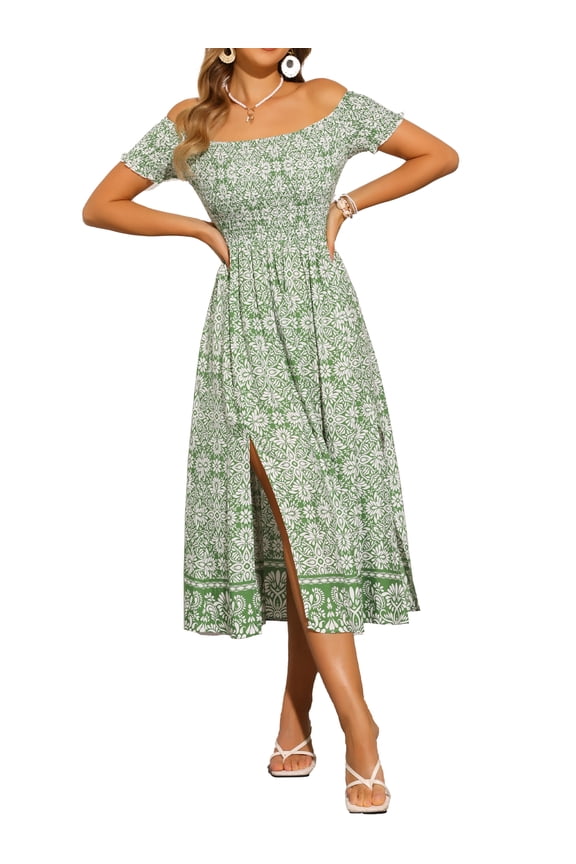 Vintage Floral Dresses for Women's Off Shoulder Smock Flowy Midi Dress XS Green