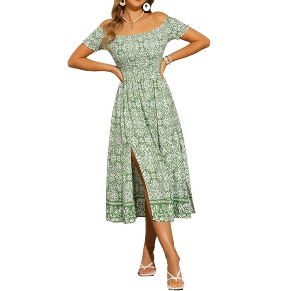 INSPIRE CHIC Vintage Floral Dresses for Women's Off Shoulder Smock Flowy Midi Dress XS Green