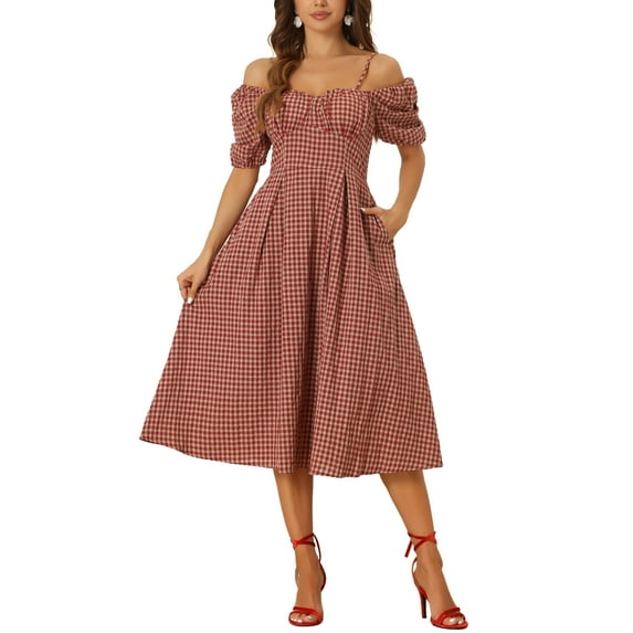 INSPIRE CHIC Vintage Gingham Dress for Women's Spaghetti Straps Off Shoulder Swing Plaid Dress