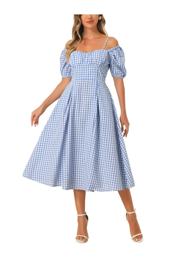 Vintage Gingham Dress for Women's Spaghetti Straps Off Shoulder Swing Plaid Dress