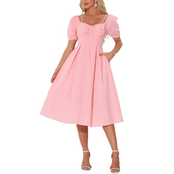 INSPIRE CHIC Vintage Gingham Dress for Women's Spaghetti Straps Off Shoulder Swing Plaid Dress