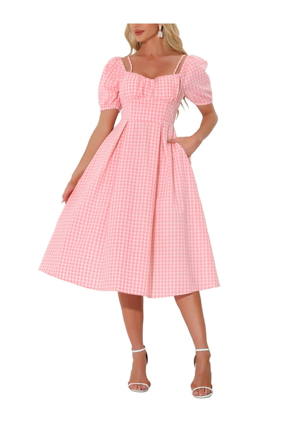 Vintage Gingham Dress for Women's Spaghetti Straps Off Shoulder Swing Plaid Dress