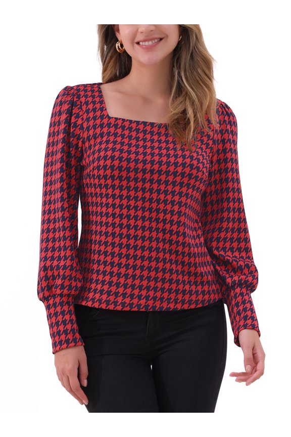 Vintage Houndstooth Tops for Women's Casual Square Neck Bishop Long Sleeve Blouse XS Red
