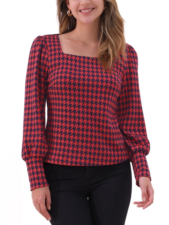 Vintage Houndstooth Tops for Women's Casual Square Neck Bishop Long Sleeve Blouse XS Red