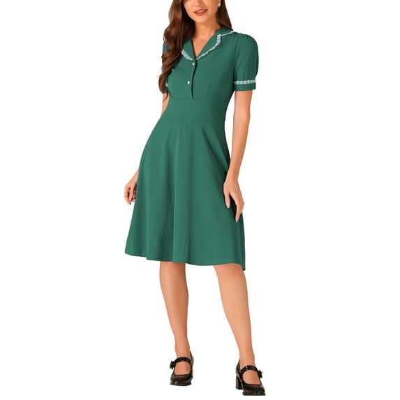 INSPIRE CHIC Vintage Midi Dress for Women's 2024 Work Peter Pan Collar Dresses M Dark Green