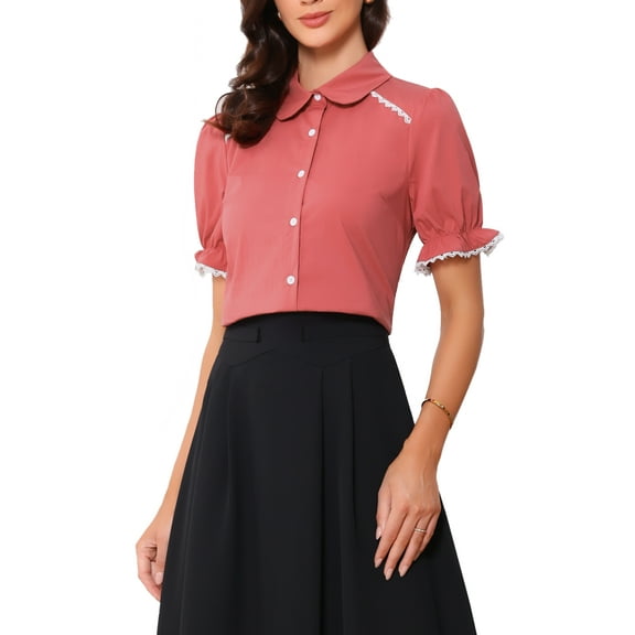 Allegra K Vintage Peter Pan Collar Blouse for Women's 2023 Short Sleeve Button Down Shirt L Red