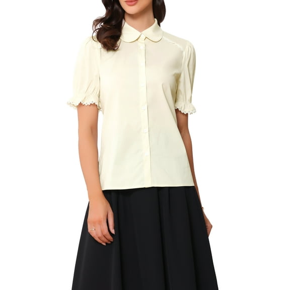 Allegra K Vintage Peter Pan Collar Blouse for Women's 2023 Short Sleeve Button Down Shirt M Beige