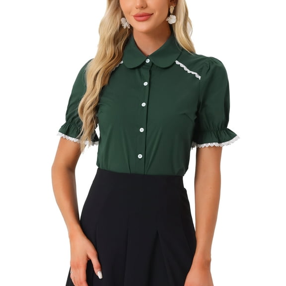INSPIRE CHIC Vintage Peter Pan Collar Blouse for Women's 2023 Short Sleeve Button Down Shirt M Dark Green