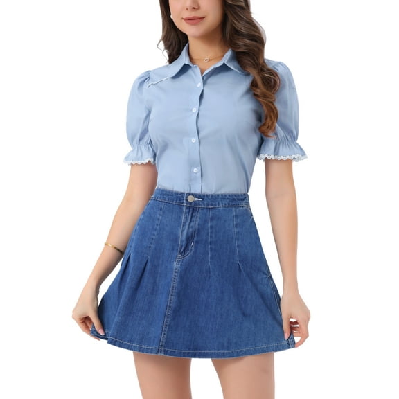 INSPIRE CHIC Vintage Peter Pan Collar Blouse for Women's 2023 Short Sleeve Button Down Shirt M Light Blue