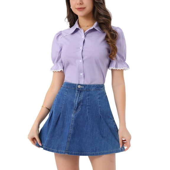 INSPIRE CHIC Vintage Peter Pan Collar Blouse for Women's 2023 Short Sleeve Button Down Shirt S Light Purple