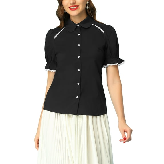 INSPIRE CHIC Vintage Peter Pan Collar Blouse for Women's 2023 Short Sleeve Button Down Shirt XL Black