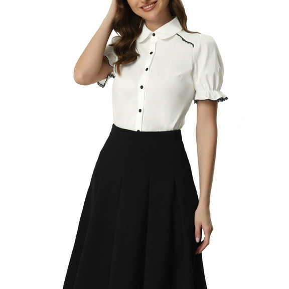 INSPIRE CHIC Vintage Peter Pan Collar Blouse for Women's 2023 Short Sleeve Button Down Shirt XL White