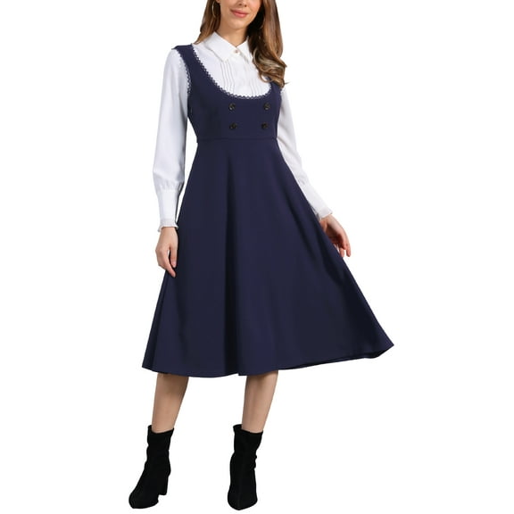 INSPIRE CHIC Vintage Pinafore Dress for Women's Lace Trim Button Overalls Midi Dress with Pockets S Dark Blue