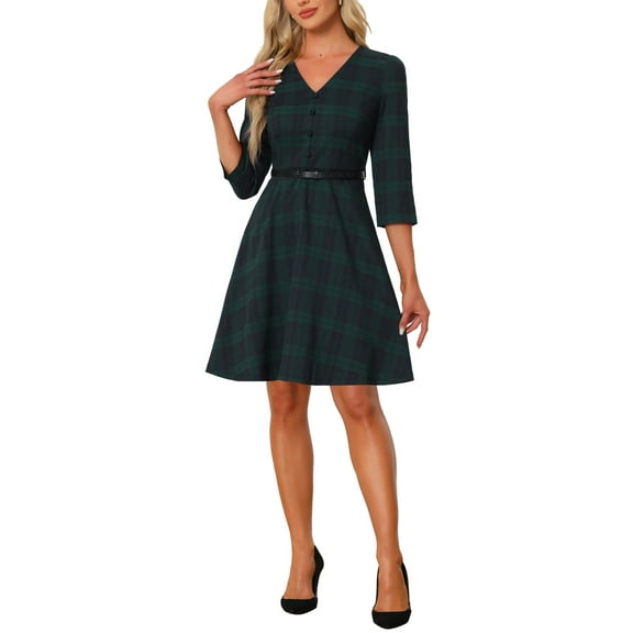 INSPIRE CHIC Vintage Plaid Dress for Women's V Neck 3/4 Sleeves Belted A-Line Dresses Green XS