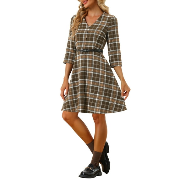 INSPIRE CHIC Plus Size for Women's Midi Dress Faux Suede V Neck Long Sleeve A-Line Dress 2023 Brown 2X