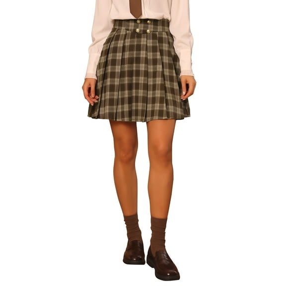 INSPIRE CHIC Vintage Plaid Skirt for Women's Double Breasted A-Line Pleated Mini Skirts S Brown