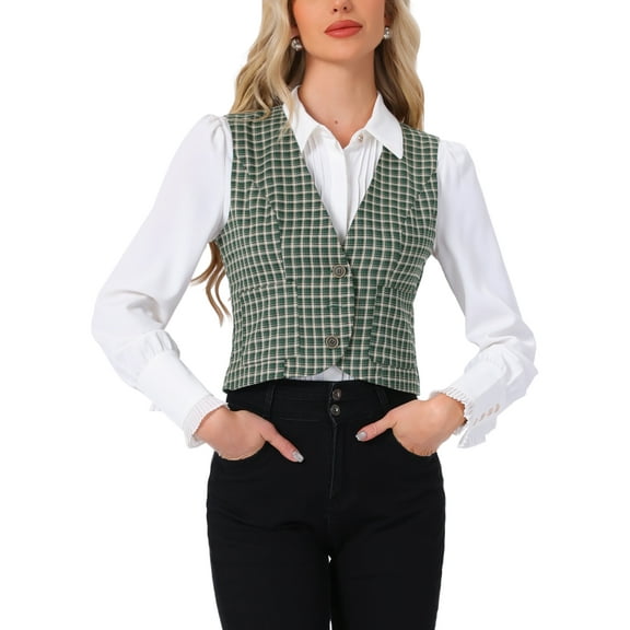 INSPIRE CHIC Vintage Plaid Vest for Women's V Neck Single Breasted Sleeveless Racerback Waistcoat M Dark Green