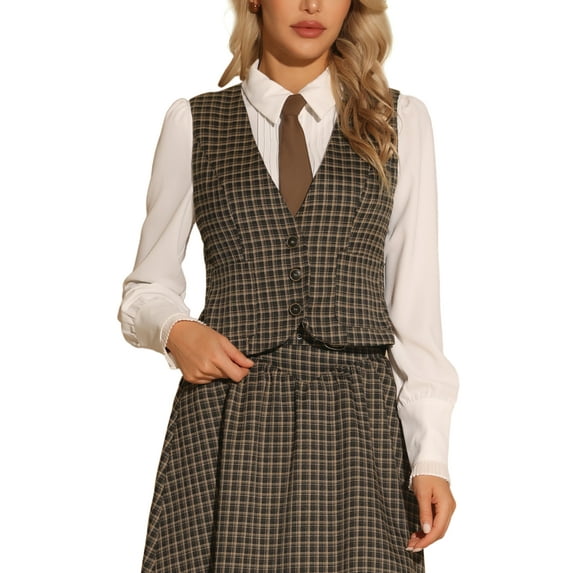 INSPIRE CHIC Vintage Plaid Vest for Women's V Neck Single Breasted Sleeveless Racerback Waistcoat XS Brown