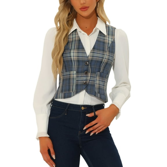 INSPIRE CHIC Vintage Plaid Vest for Women's V Neck Single Breasted Sleeveless Racerback Waistcoat L Grey Blue