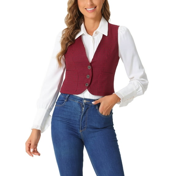 INSPIRE CHIC Vintage Plaid Vest for Women's V Neck Single Breasted Sleeveless Racerback Waistcoat XL Red Black