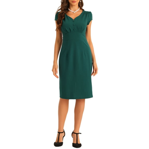 INSPIRE CHIC Vintage Sheath Dress for Women's V Neck Cap Sleeves Split Pencil Dresses L Green