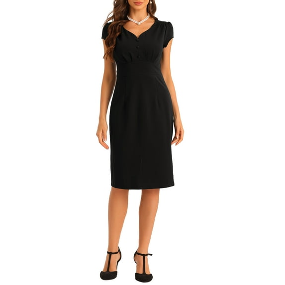 INSPIRE CHIC Vintage Sheath Dress for Women's V Neck Cap Sleeves Split Pencil Dresses S Black
