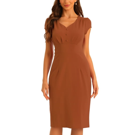 INSPIRE CHIC Vintage Sheath Dress for Women's V Neck Cap Sleeves Split Pencil Dresses S Brown