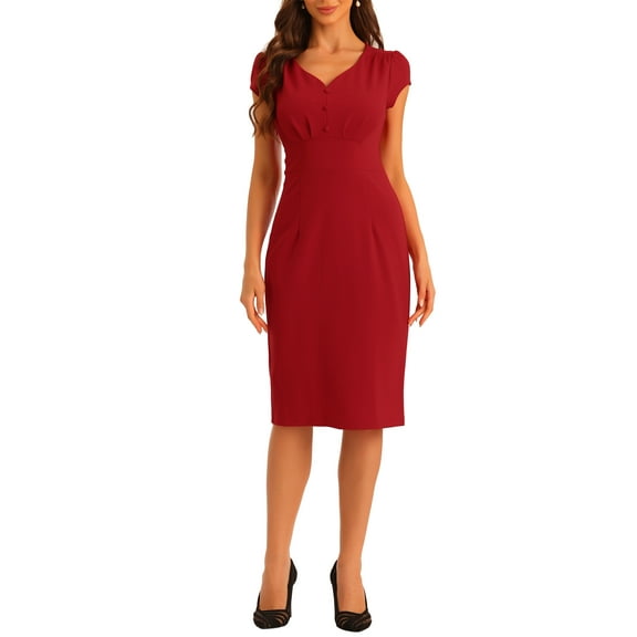 INSPIRE CHIC Vintage Sheath Dress for Women's V Neck Cap Sleeves Split Pencil Dresses XS Red