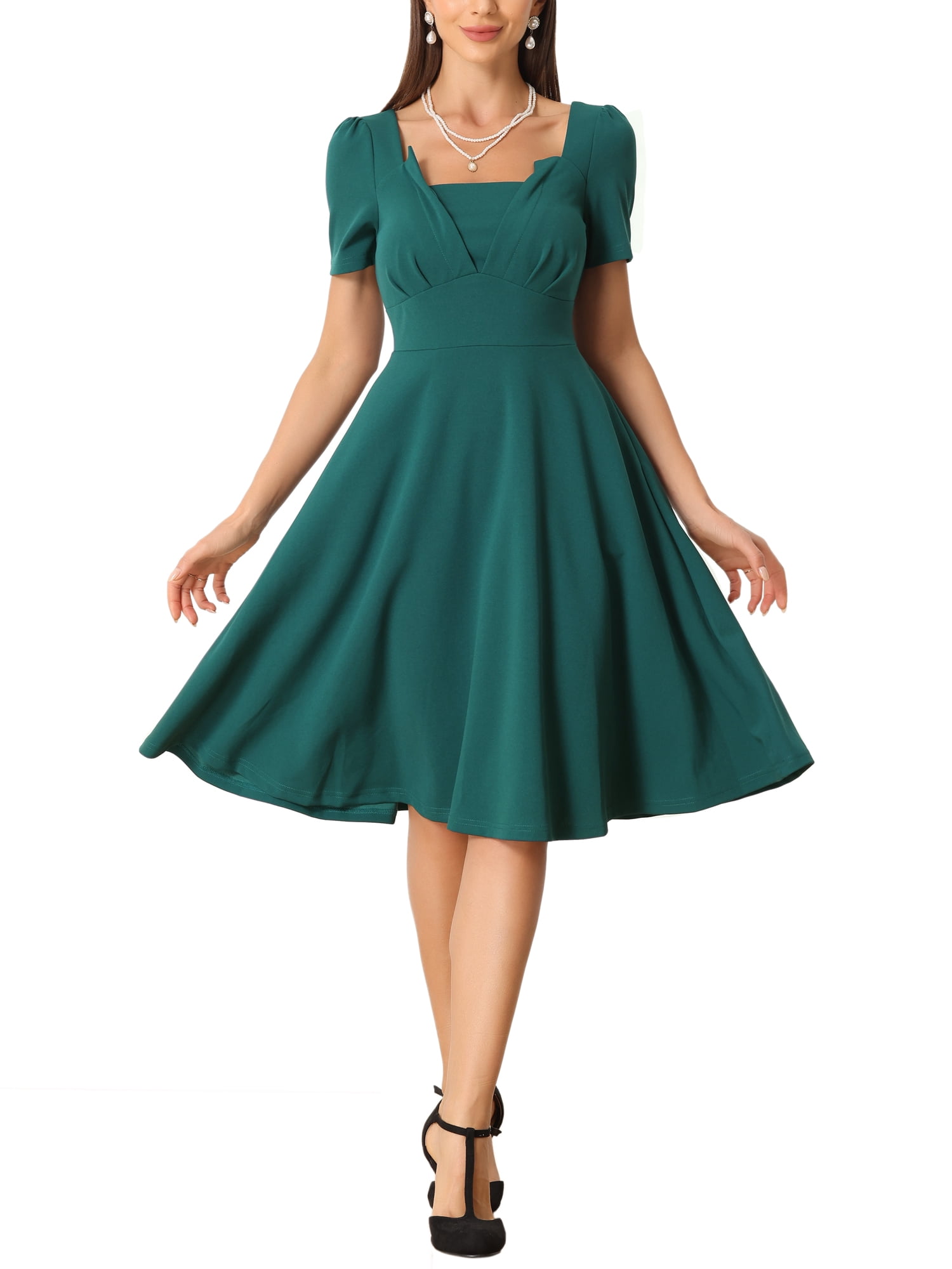 INSPIRE CHIC Vintage Square Neck Dress for Women Short Sleeve High Waist  Elegant Dresses Green XS - Walmart.com