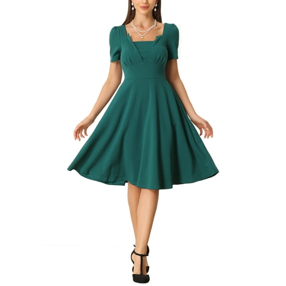 INSPIRE CHIC Vintage Square Neck Dress for Women Short Sleeve High Waist Elegant Dresses Green XS