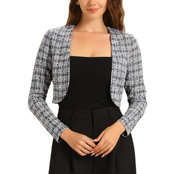 INSPIRE CHIC Vintage Tweed Shrug for Women's Plaid Open Front Cropped Bolero Cardigan M Black White