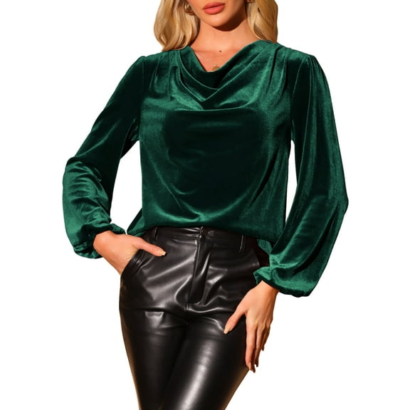 INSPIRE CHIC Women's Vintage Velvet Blouse Cowl Neck Lantern Long Sleeve Tops S Dark Green