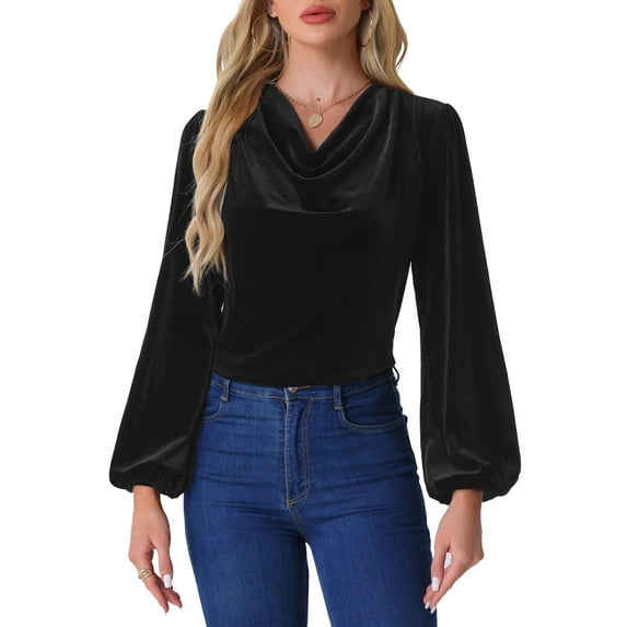 INSPIRE CHIC Women's Vintage Velvet Blouse Cowl Neck Lantern Long Sleeve Tops XS Black