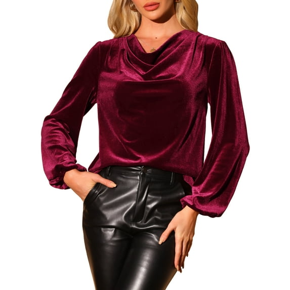 INSPIRE CHIC Women's Vintage Velvet Blouse Cowl Neck Lantern Long Sleeve Tops M Wine Red