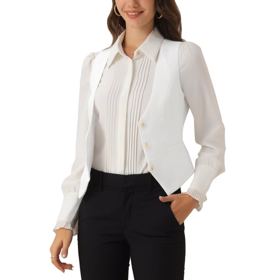 INSPIRE CHIC Vintage Vest for Women's Button Up Jacquard Steampunk Suit Waistcoat with Pockets S White