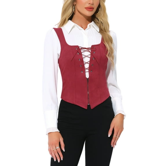INSPIRE CHIC Vintage Vest for Women's Lace Zipper Up Cropped Jacket Wide Strap Sleeveless Waistcoat Vests M Burgundy