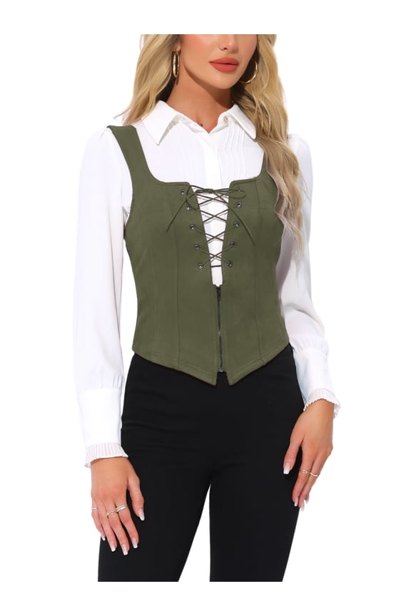 Vintage Vest for Women's Lace Zipper Up Cropped Jacket Wide Strap Sleeveless Waistcoat Vests M Dark Green