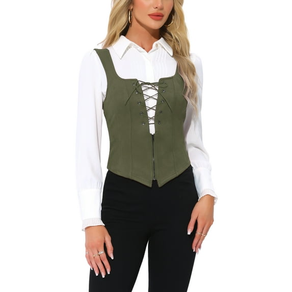 INSPIRE CHIC Vintage Vest for Women's Lace Zipper Up Cropped Jacket Wide Strap Sleeveless Waistcoat Vests S Dark Green