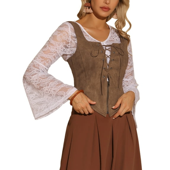 INSPIRE CHIC Vintage Vest for Women's Lace Zipper Up Cropped Jacket Wide Strap Sleeveless Waistcoat Vests XS Brown