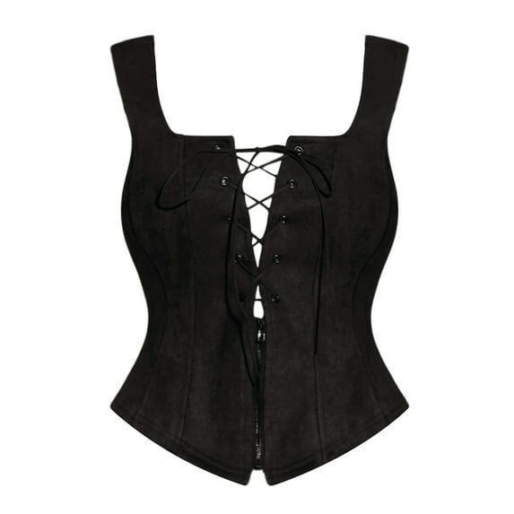 INSPIRE CHIC Vintage Vest for Women's Lace Zipper Up Cropped Jacket Wide Strap Sleeveless Waistcoat Vests M Black