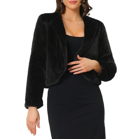 INSPIRE CHIC Winter Bolero for Women's Open Front Faux Fur Bolero Shrug M Black