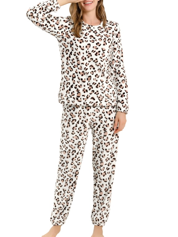 Women's Back to School Winter Flannel Pajama Sets Long Sleeve Loungewear L Leopard Printed
