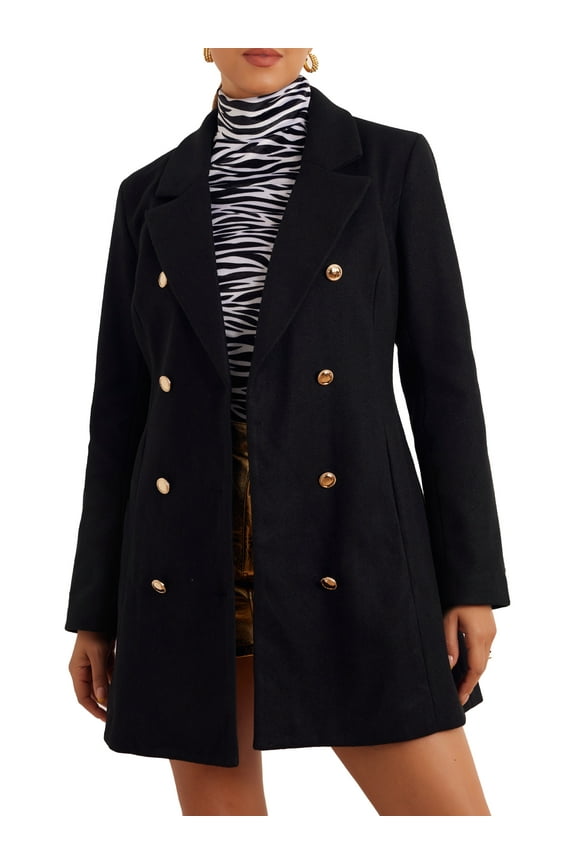 Winter Overcoat for Women's Notch Lapel Double Breasted Coats XS Black