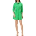 thumbnail image 1 of Allegra K Women 3/4 Sleeve Button Front Flare Mini Shirt Dress Green XXL, 1 of 6